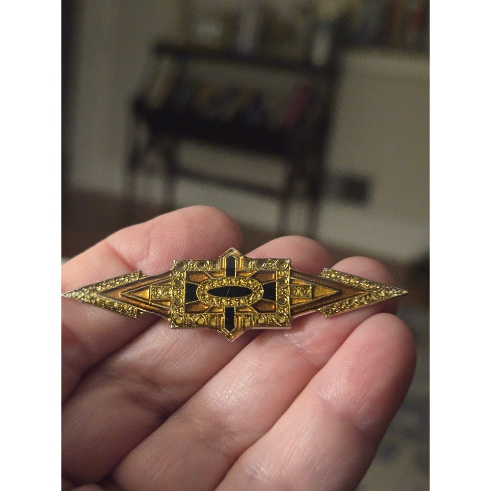 PIERRE BEX Art Deco BROOCH Vintage Goldtone Black